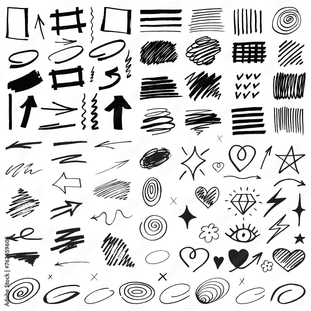 Marker line, ink symbols, hand drawn black color elements. Realistic ...