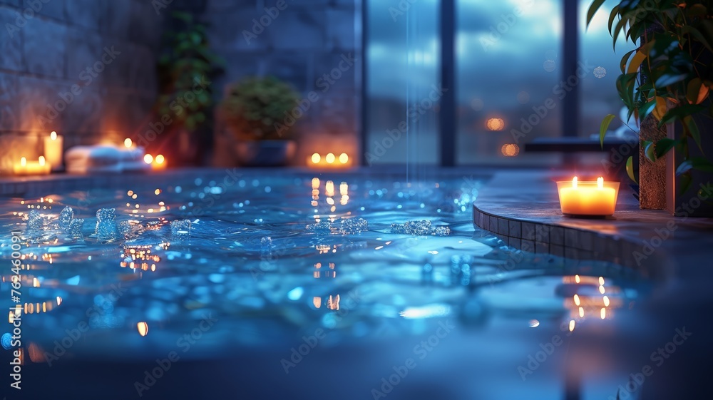 Tranquil spa setting with illuminated candles around a jacuzzi and starry night backdrop - obrazy, fototapety, plakaty 