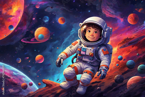 Cartoon scene with astronaut in outer space illustration for creative graphic design