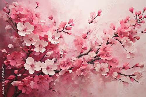Pink cherry blossoms on a pink background. Hand-drawn illustration.
