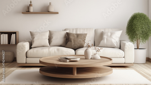 Contemporary Living Room with Beige Sofa and Stylish Wooden Round Coffee Table © HecoPhoto