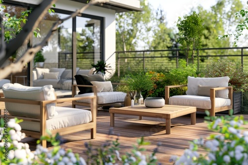 outdoor layout with furniture on the outdoor deck 3d render