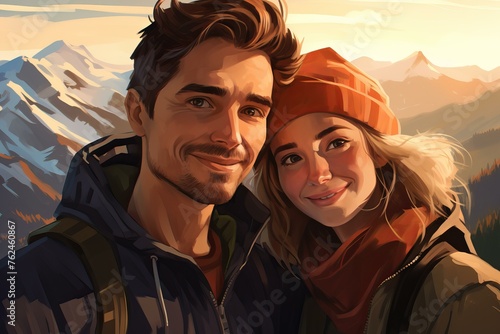 Picturesque Selfie couple mountains. Vacation adventure. Generate Ai
