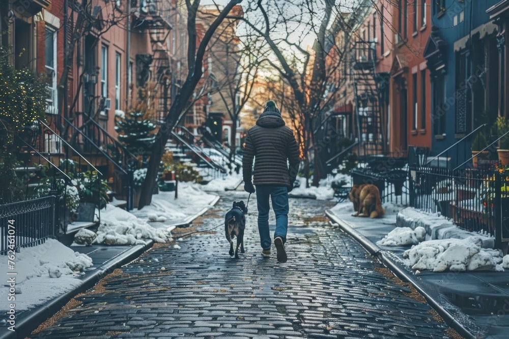 winter day in new york city a man walks his dog down the cobblestone street