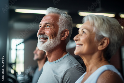 Elderly people pensioners working out in modern interior big spacious gym Generative AI illustration