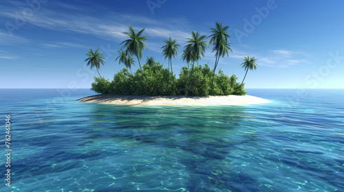 Tranquil tropical island with palm trees surrounded by a clear blue ocean, serene paradise. © LunaLu