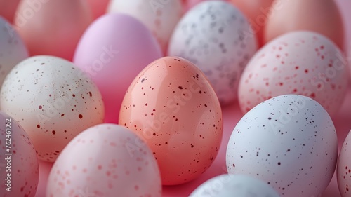 Soft-hued speckled eggs arrayed on a delicate pink backdrop hinting at spring