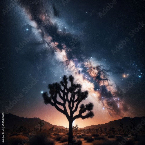 The famous Joshua Tree stand in the night sky with Milky Way above 