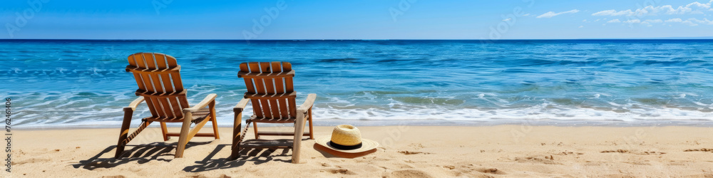 Serene Beach Escape with Two Chairs Overlooking the Ocean. Vacation banner. Tourism and travel concept