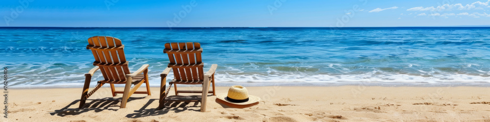 Serene Beach Escape with Two Chairs Overlooking the Ocean. Vacation banner. Tourism and travel concept Serene Beach Escape with Two Chairs Overlooking the Ocean. Vacation banner. Tourism and travel concept