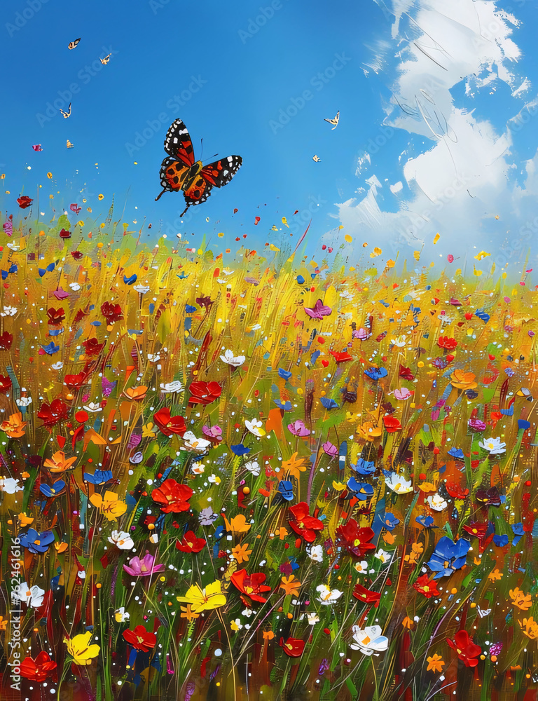 Painted with watercolor paints a field of colorful flowers and a flying butterfly. Flowering flowers, a symbol of spring, new life.
