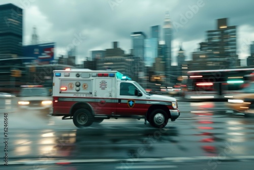 emergency vehicle is in motion with a city background photo