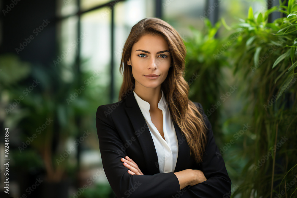 Generative AI image of female leader girl business woman posing crossed hands looking at camera in office Generative AI image of female leader girl business woman posing crossed hands looking at camera in office