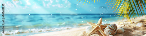 Serene Tropical Beach Scene with Starfish and Shells, Summer Vacation banner. Tourism and travel concept
