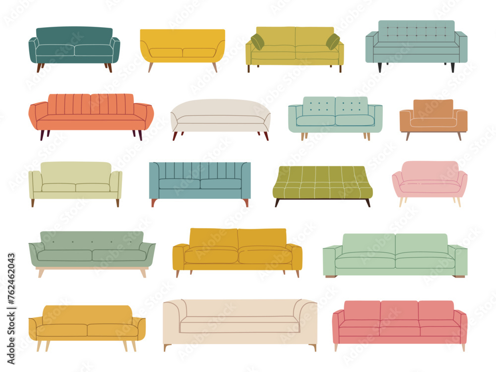 Obraz premium Set of trendy scandinavian sofas couches and armchairs. Modern, comfortable soft furniture collection for cozy home design. Colorful flat vector illustration isolated on white background.