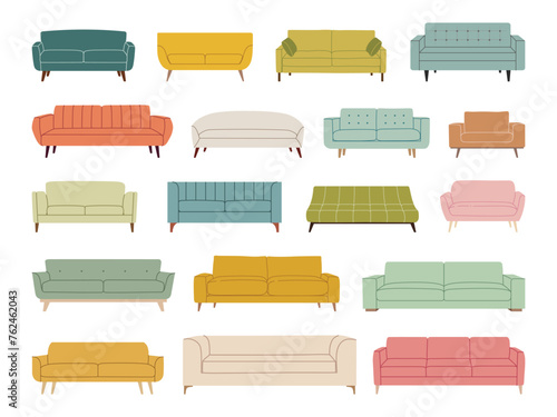 Set of trendy scandinavian sofas couches and armchairs. Modern, comfortable soft furniture collection for cozy home design. Colorful flat vector illustration isolated on white background.