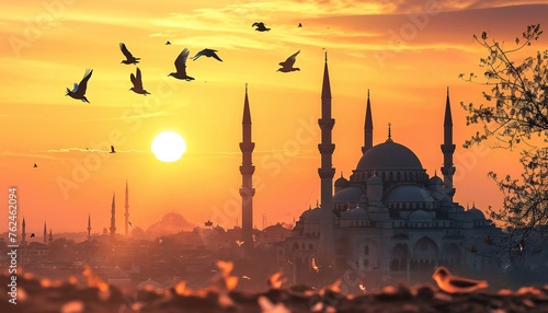 Sunset of Mosque with Flock of Birds in Sky