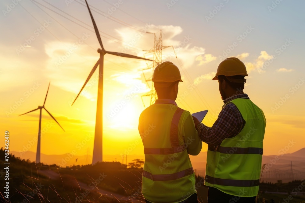 two workers standing next to windmills at sunset two workers standing next to windmills at sunset