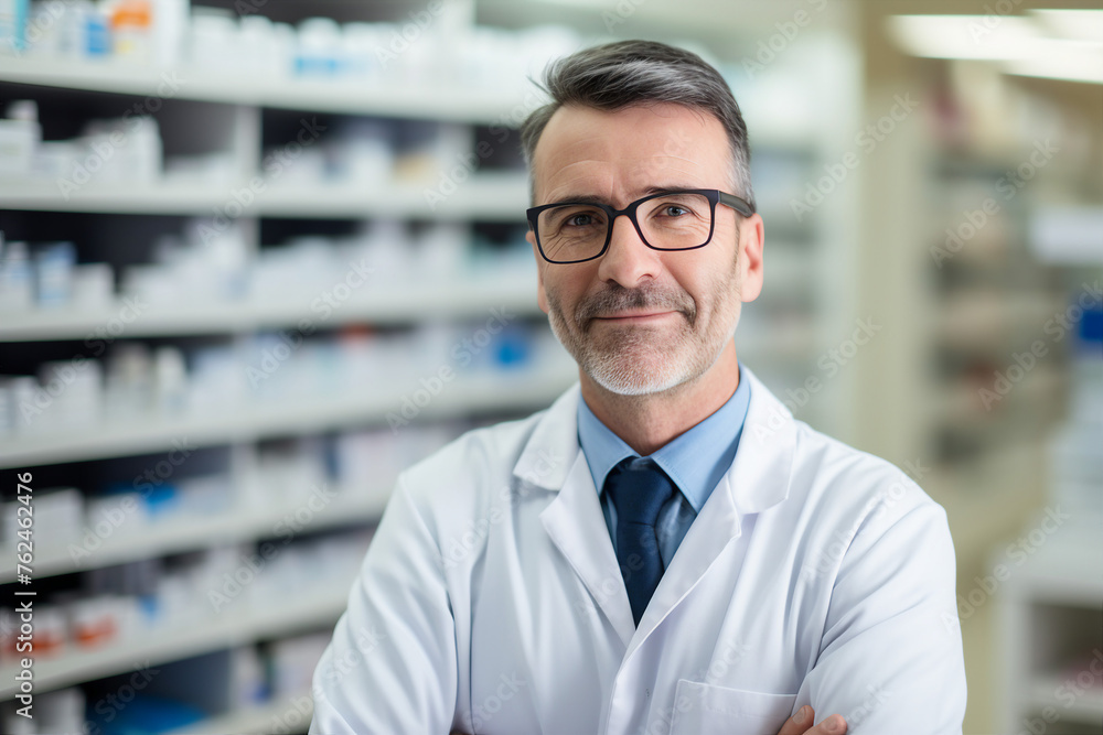 Fototapeta premium Smiling cheerful confident pharmacist in drugstore store shop Generative AI