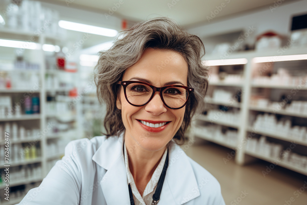 Smiling cheerful confident pharmacist in drugstore store shop Generative AI Smiling cheerful confident pharmacist in drugstore store shop Generative AI