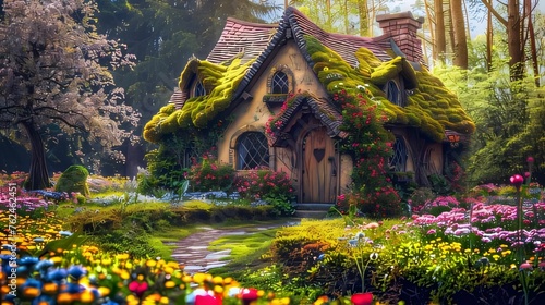 Tiny wooden house overgrown with vegetation, ivy, spring landscape, atmosphere. Flowering flowers, a symbol of spring, new life.