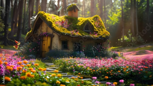 Tiny wooden house overgrown with vegetation, ivy, spring landscape, atmosphere. Flowering flowers, a symbol of spring, new life.