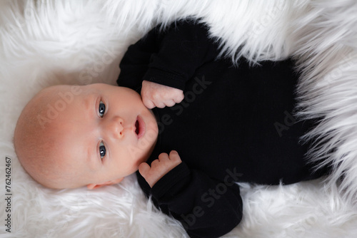 Ilittle baby dressed in a faithful bodysuit is lying on a white plush blunket photo