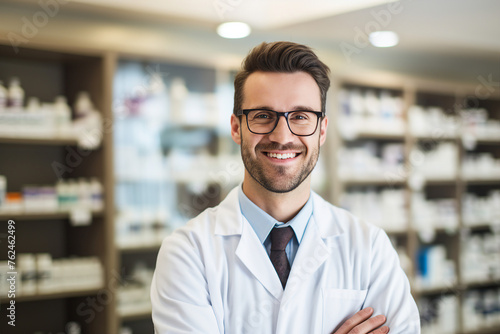 Smiling cheerful confident pharmacist in drugstore store shop Generative AI