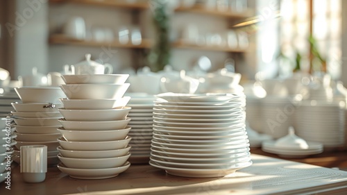White porcelain dinnerware set glowing in ambient light for elegant table settings