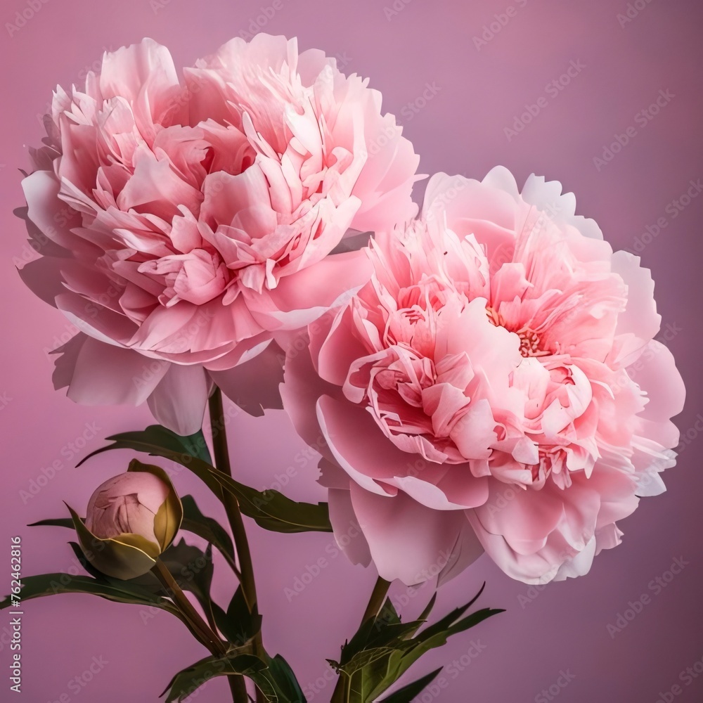 Two pink peony flowers and one bud. Dark background. Flowering flowers, a symbol of spring, new life.