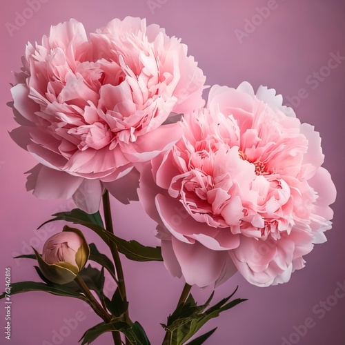 Two pink peony flowers and one bud. Dark background. Flowering flowers  a symbol of spring  new life.