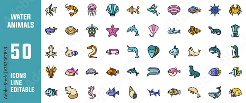 Fototapeta Naklejka Na Ścianę i Meble -  50 Water Animal Icons Set Pack Line Editable Vector Illustration