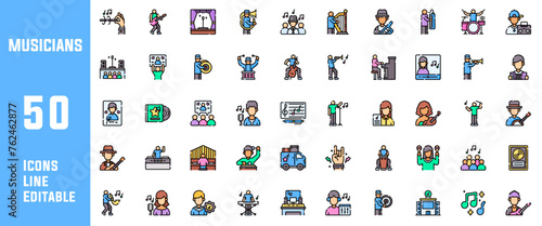 50 Musician Icons Set Pack Line Editable Vector Illustration