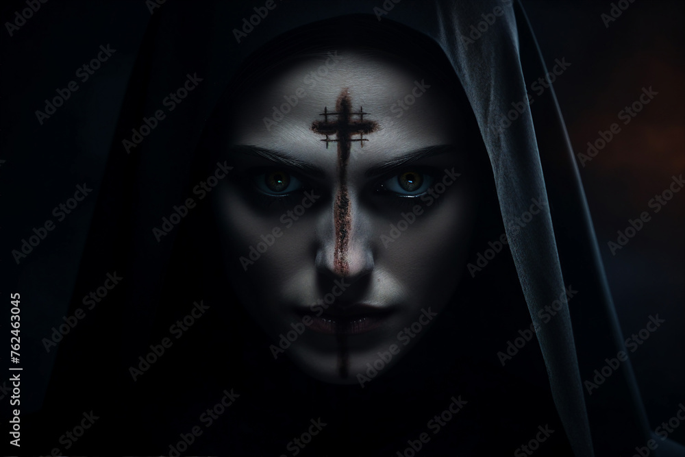 Mysterious religious person nun priest in church robe serious face expression Generative AI illustration - obrazy, fototapety, plakaty 