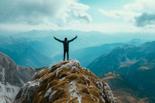  Adventurer Triumphantly Standing Atop a Mountain Summit