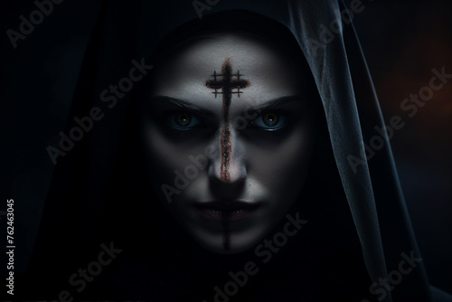 Mysterious religious person nun priest in church robe serious face expression Generative AI illustration photo