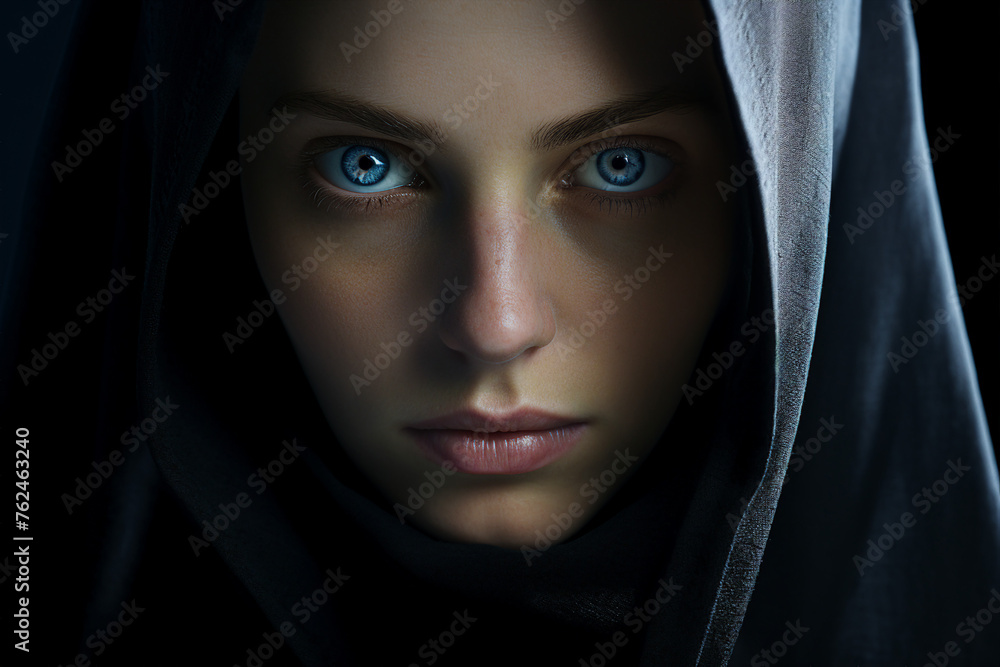 Mysterious religious person nun priest in church robe serious face expression Generative AI illustration Mysterious religious person nun priest in church robe serious face expression Generative AI illustration