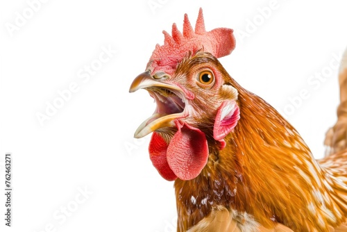 chicken holding its mouth open in front of a white background stock photo premium royaltyfree photo