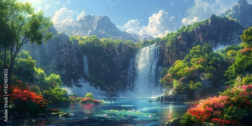 Cascading Waterfalls Amidst Enchanting Otherworldly Landscapes Brimming with Vibrant Hues and Ethereal Splendor