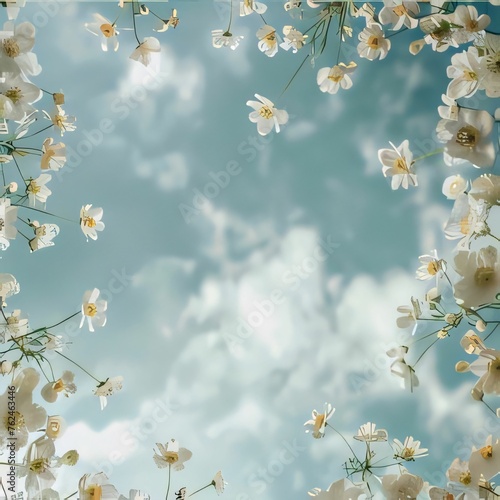 View of the sky clouds around small, small white flowers, petals. Flowering flowers, a symbol of spring, new life. © Hawk