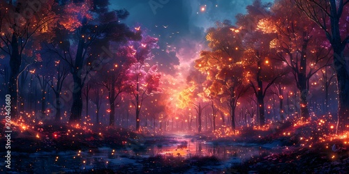 Enchanting Autumnal Dreamscape of a Mystical Woodland Aglow with Ethereal Fire and Light © Duanporn