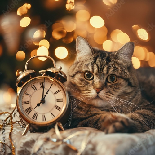 Cozy Tabby Cat with Vintage Alarm Clock