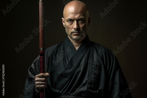 Generative AI image of asian man fighter standing in kimono on dark background