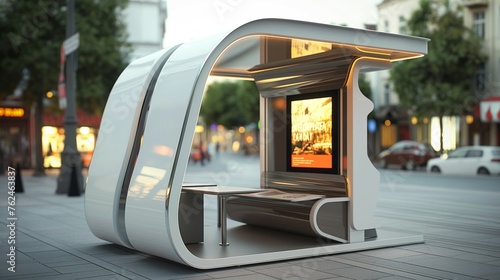 A 3D rendering of a mockup modern kiosk booth.