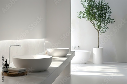 Minimalist bathroom with double sinks and a freestanding bathtub beside a potted tree.