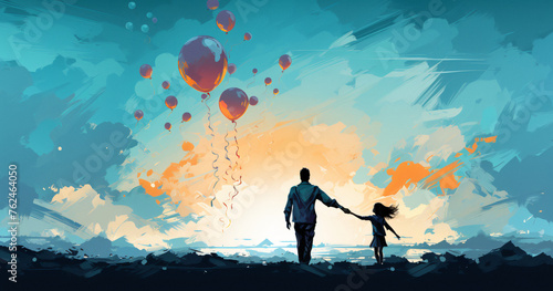 balloon child, postcard child father, dad daughter balls, open space sky, drawn, sunset, helium balloons