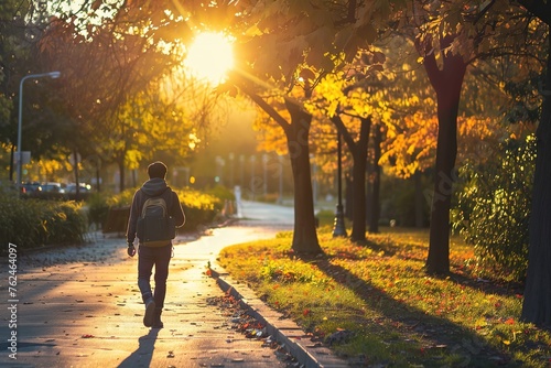 A person walks along a tree-lined path bathed in the warm glow of a setting sun.