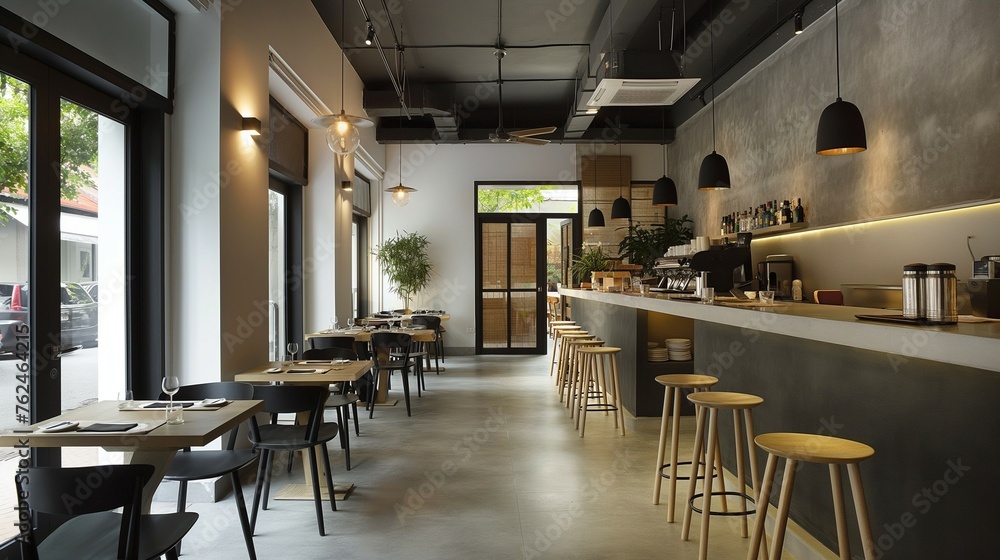 Naklejka premium A restaurant interior with a tables and chairs and airy window view.