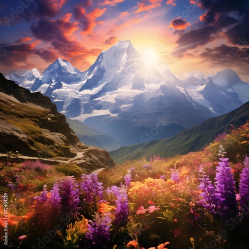 A field full of colorful flowers in the background surrounding valley with a stream and high mountain ranges, the sun shining. Flowering flowers, a symbol of spring, new life. © Hawk
