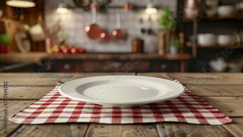 White plate on red and white checkered tablecloth.